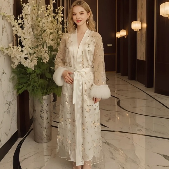 Peignoir Set ~Ivory Satin Slip Nightgown &‎ Sheer Embroidered Roses Belted Robe - Picture 5 of 14